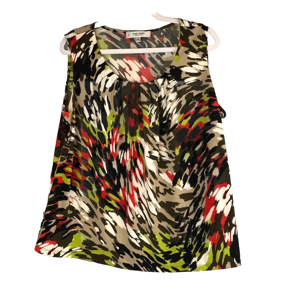 Jones Studio Womens Tank Top Size 1X Pleated Multicolor Abstract Blouse Shirt